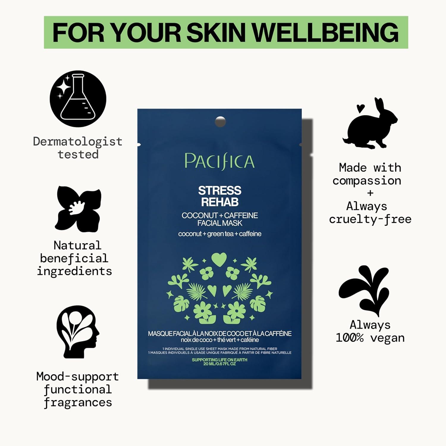 imagePacifica Sheet Mask Stress Rehab Coconut ampamp Caffeine Facial Mask 6PACK DeStress Sheet Mask for Redness ampamp Puffiness Relief Infused wGreen Tea Turmeric ampamp Hyaluronic Acid CrueltyFree Skincare