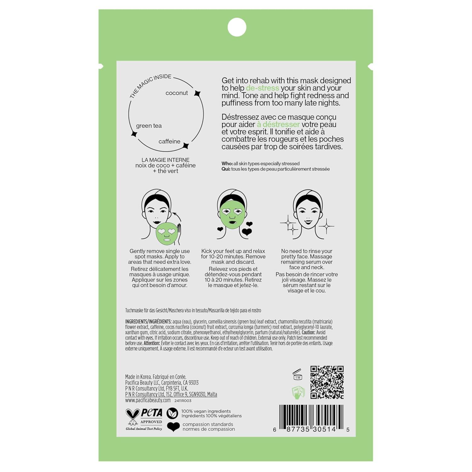 imagePacifica Sheet Mask Stress Rehab Coconut ampamp Caffeine Facial Mask 6PACK DeStress Sheet Mask for Redness ampamp Puffiness Relief Infused wGreen Tea Turmeric ampamp Hyaluronic Acid CrueltyFree Skincare