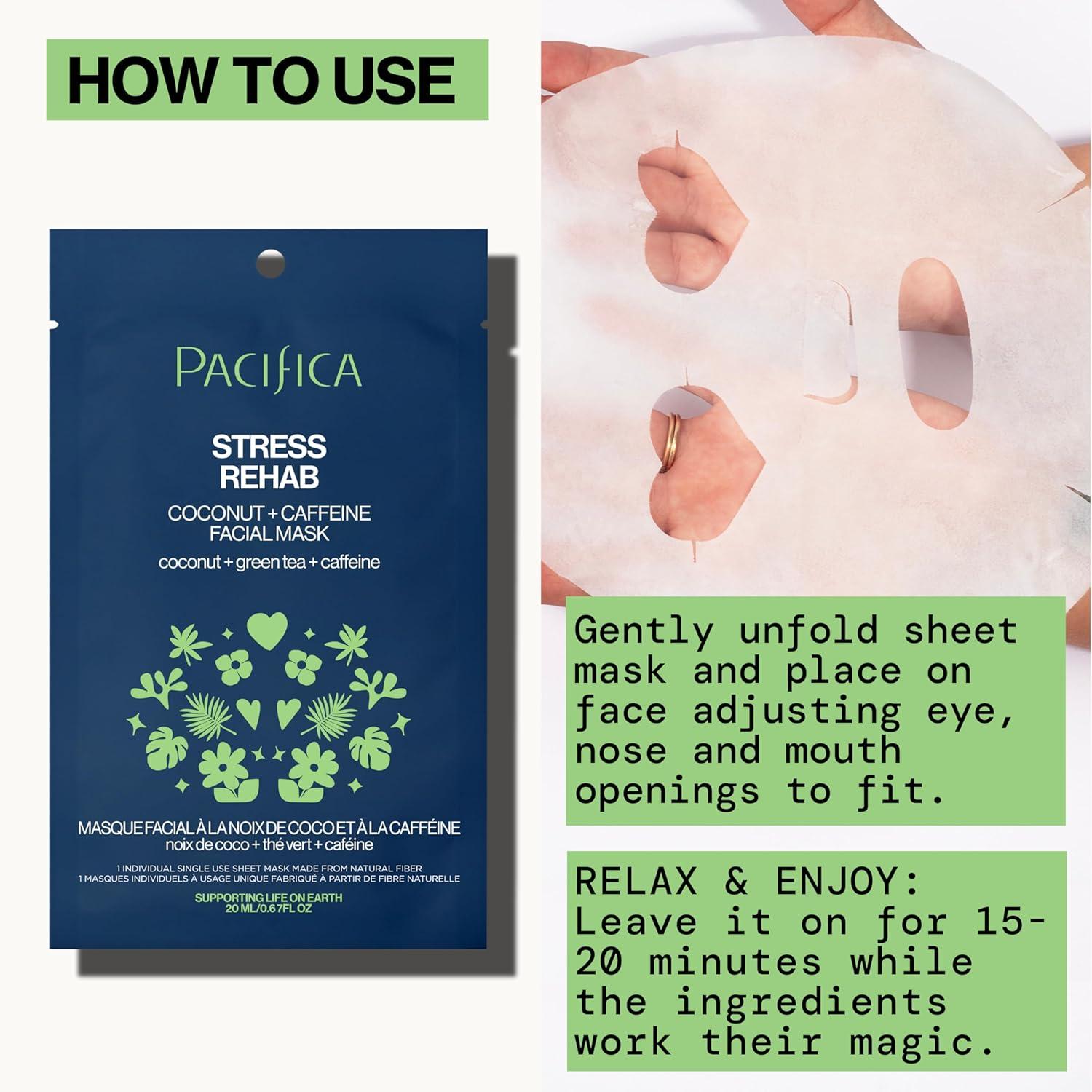imagePacifica Sheet Mask Stress Rehab Coconut ampamp Caffeine Facial Mask 6PACK DeStress Sheet Mask for Redness ampamp Puffiness Relief Infused wGreen Tea Turmeric ampamp Hyaluronic Acid CrueltyFree Skincare