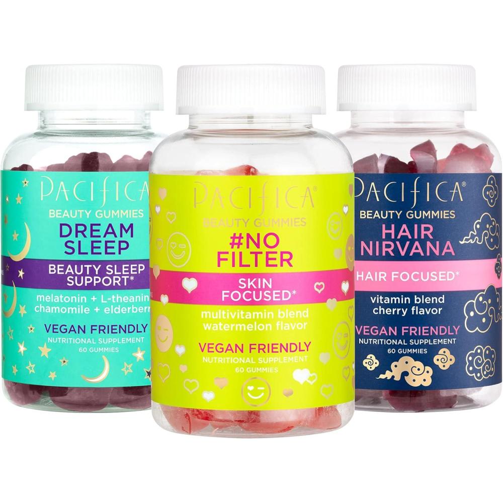 imagePacifica Beauty Gummies Vitamin Trio Hair Sleep and Skin Support Wheat Soy Gluten Vegan ampamp Cruelty Free Multi Watermelon 3 Count