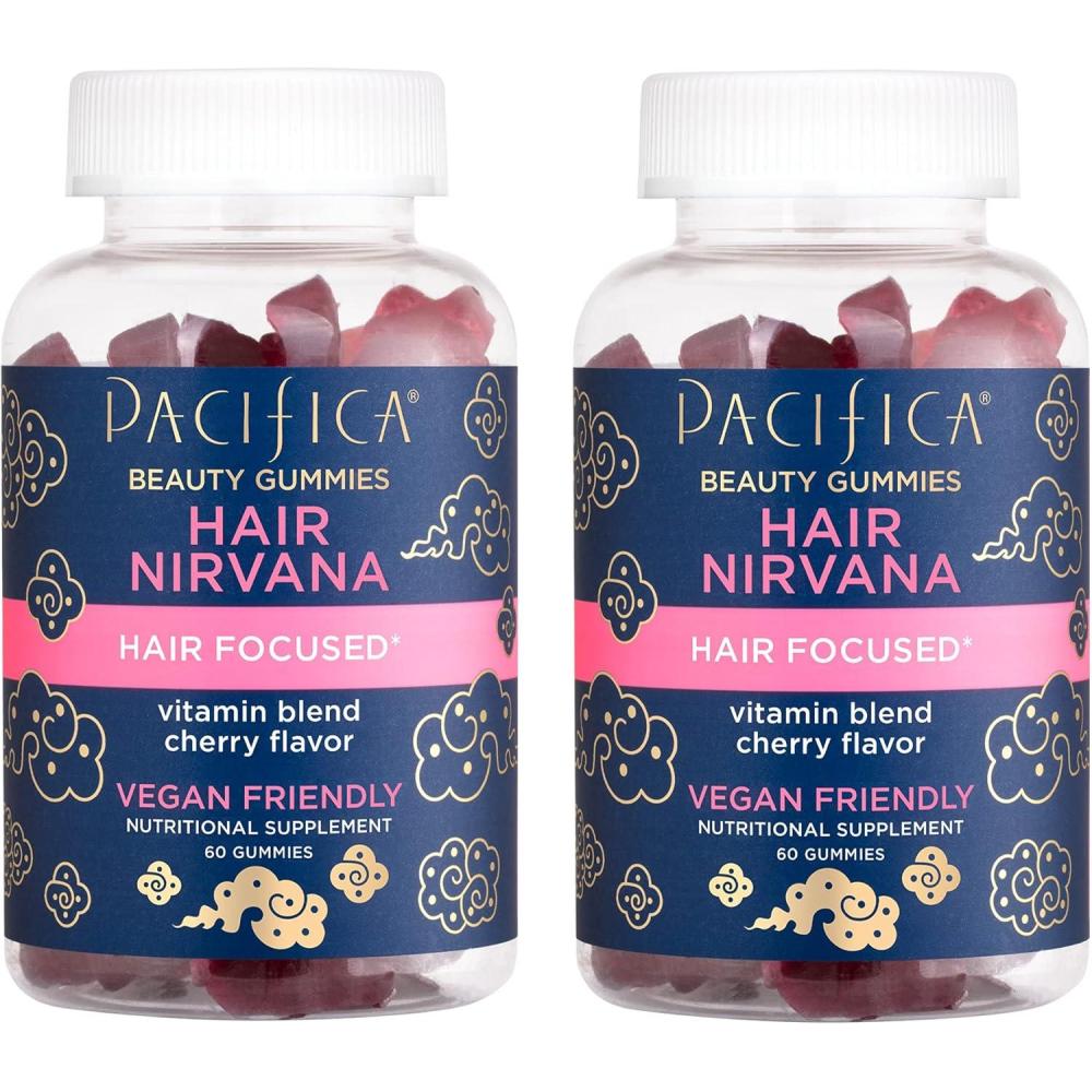 imagePacifica Beauty Nirvana Gummies Supplement for Hair Support Wheat Soy Gluten Free Vitamin E C Biotin Vegan ampamp Cruelty Free Red Cherry 60 Count Pack of 2