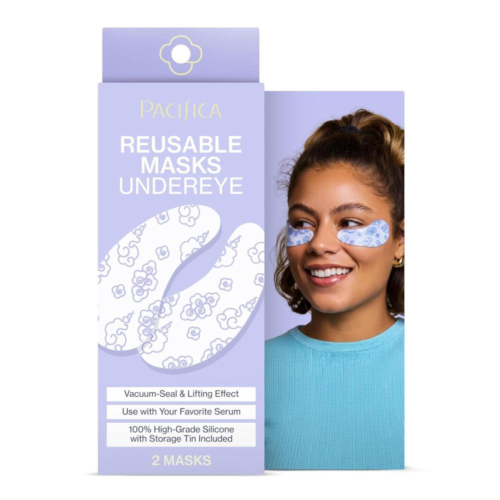 imagePacifica Reusable Mask Under Eye Mask Silicone Face Mask for Fine Lines ampamp Dark Circles Pair with Serum Storage Tin Included Vegan ampamp CrueltyFree 2 Pieces1 Count Pack of 2
