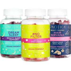 Pacifica Beauty Gummies Vitamin Trio, Hair, Sleep and Skin Support, Wheat, Soy + Gluten, Vegan & Cruelty Free, Multi, Watermelon, 3 Count