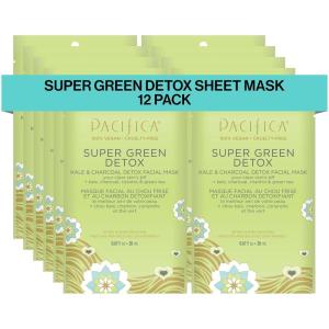 Pacifica Super Green Detox Sheet Mask – Charcoal, Kale & Clay Pore Cleansing Mask for Oily, Blemish-Prone Skin, Deep Detox Facial Mask, Vegan(1 Count (Pack of 12))