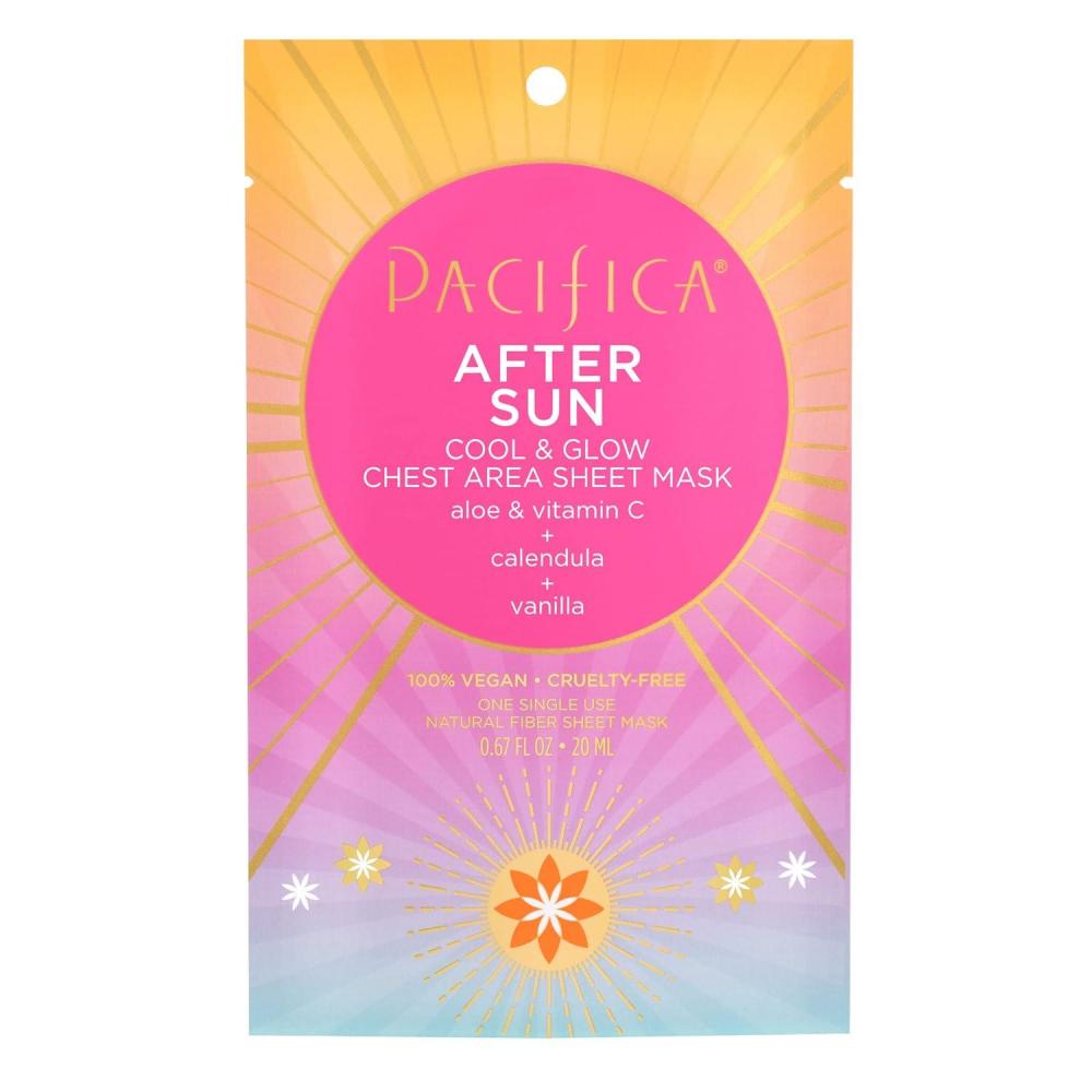 image:imagePacifica Beauty After Sun Cool amp Glow Chest Area Sheet Mask Aloe Vera Calendula Vitamin C Vanilla Cooling Mask Suncare Skincare Sun Burn Relief VeganChest Area Sheet Mask
